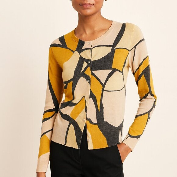 J.Crew Abstract Print Merino Wool Multicolor Cardigan Sweater Size Medium - Picture 12 of 13